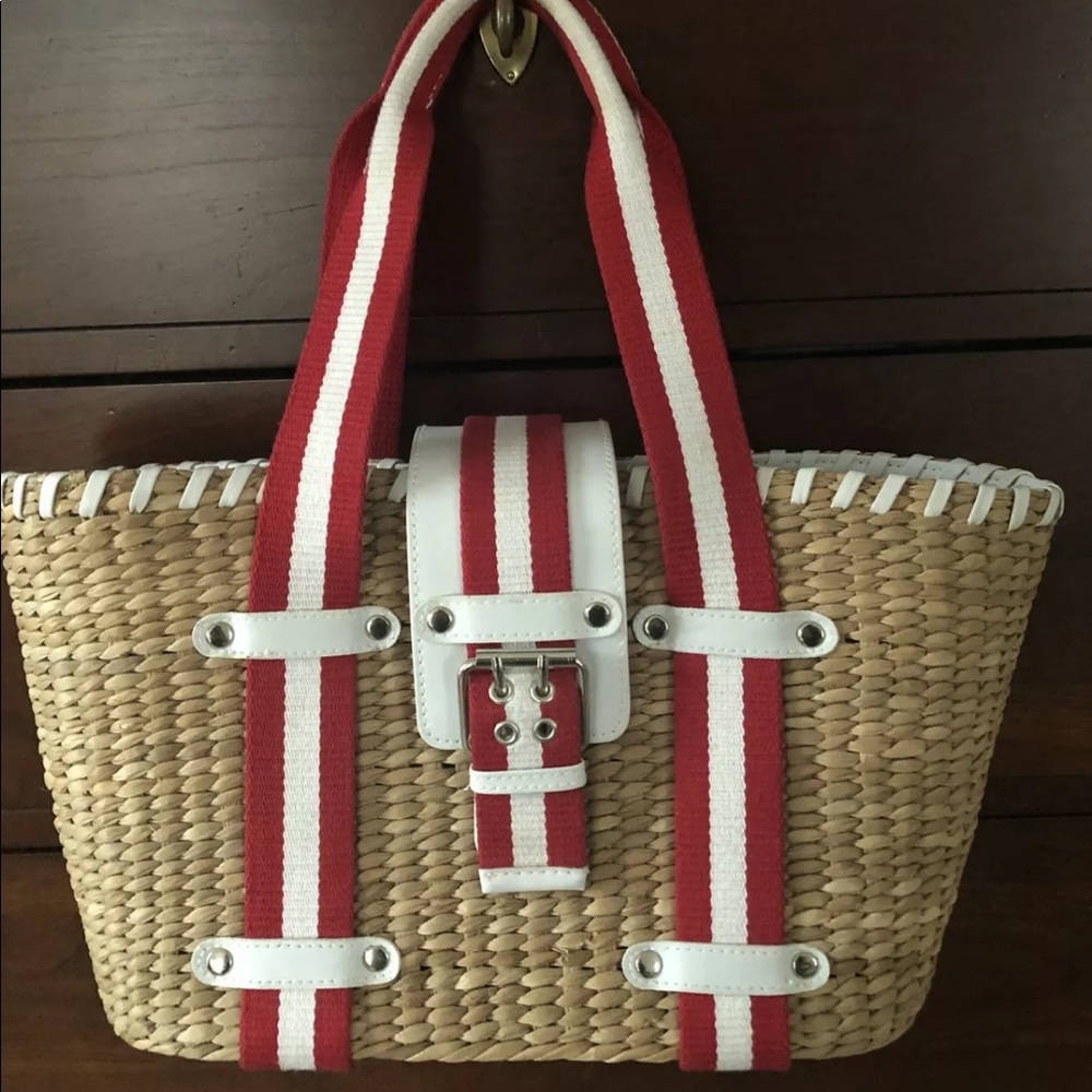 DONNA DIXON Jennifer Rattan Basket Weave Red Strap Tote Handbag NWOT $142